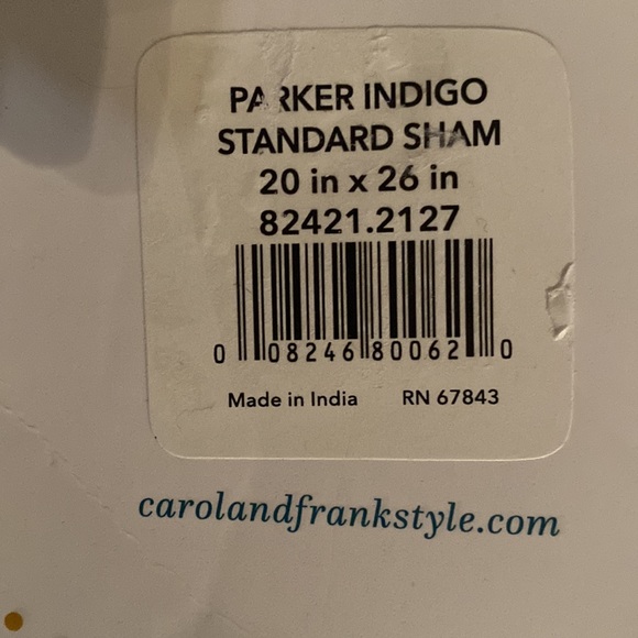 Carol & Frank Parker Indigo Standard Sham, Blue & Cream, Size:  20” x 26” NEW - Picture 7 of 7